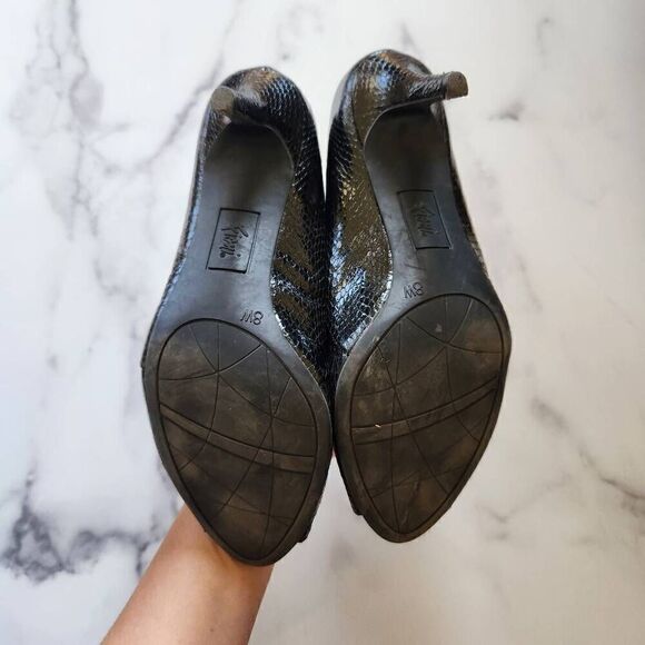 Fioni size 8.5 croc reptilian glossy open peep toe high heels jet black - Picture 7 of 7